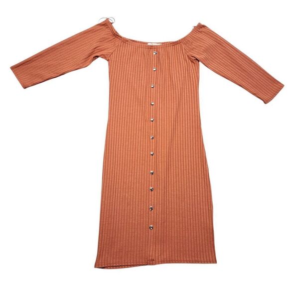 Say What? Bodycon Sweater Dress Womens M Orange Ribbed Long Sleeve Off Shoulder - Picture 1 of 9